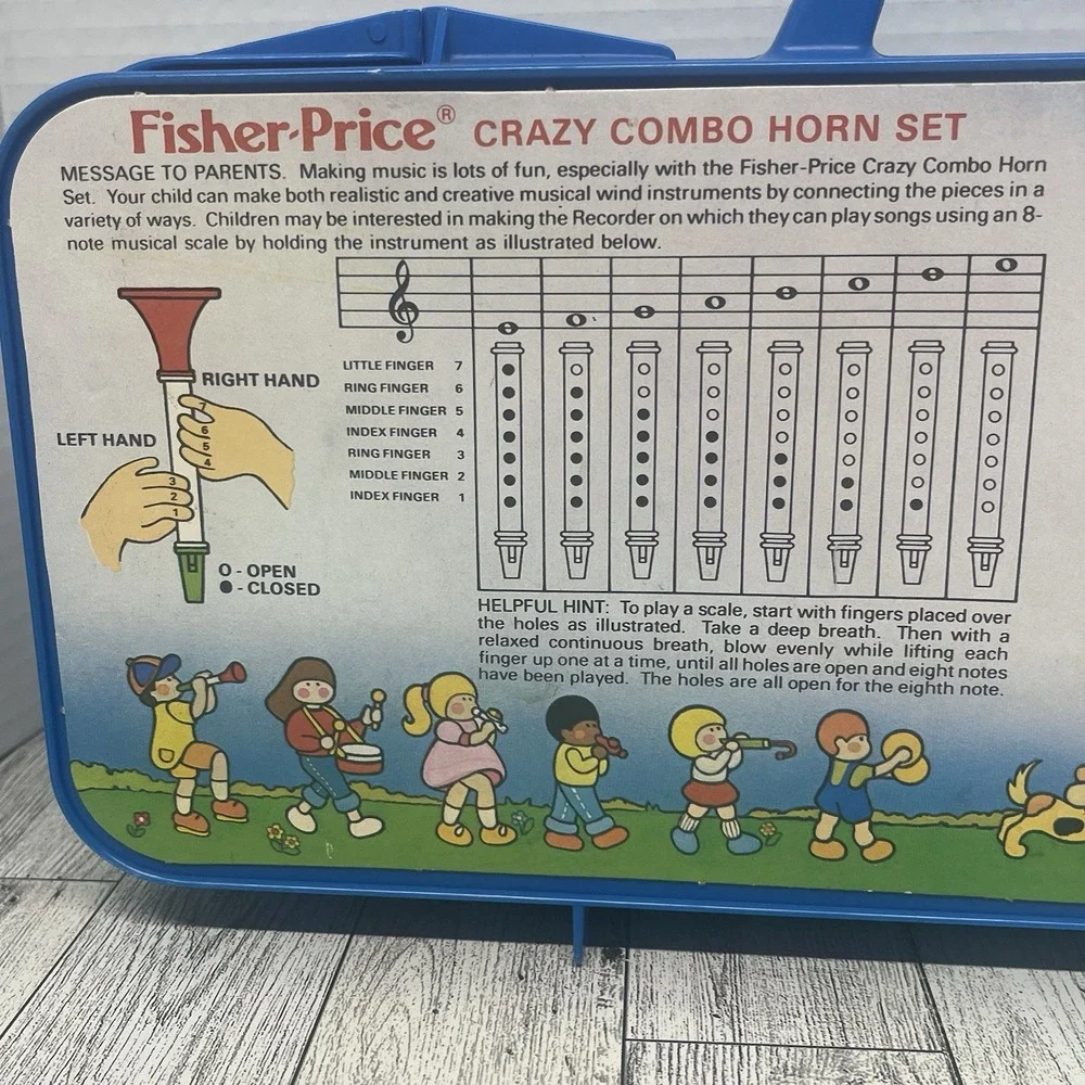 Vintage 1984 Fisher-Price Crazy Combo Horn Set 604 Incomplete Blue Case